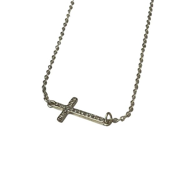 Silver Tone Sideways Cross Necklace Rhinestones 18” Religious Dainty New Gift - Picture 2 of 6